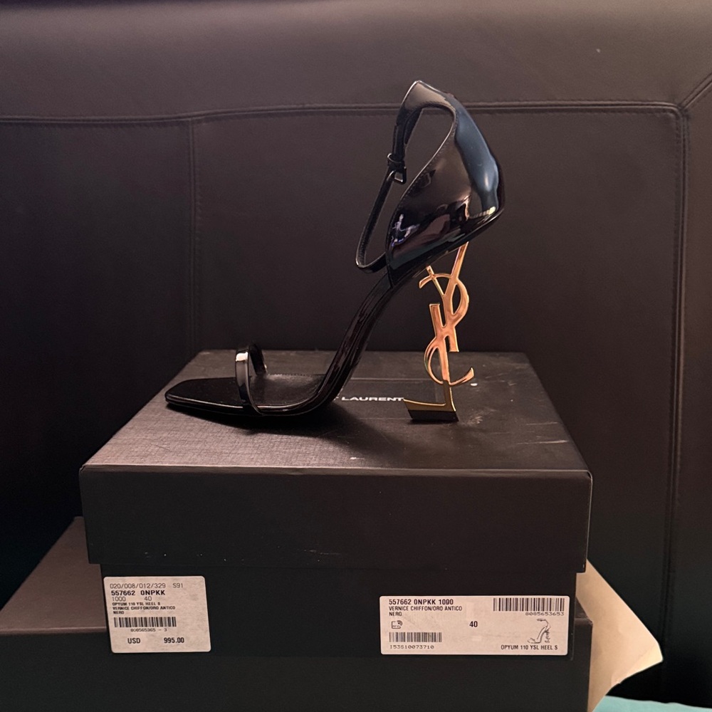 Saint Laurent Glossy Black Heels with Gold Accent